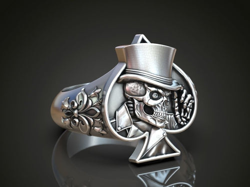 Dazzle Dime 925 Sterling Silver Base 18k Gold Plated Skull Playing Card Spades Hat Ring DAZZLE DIME®