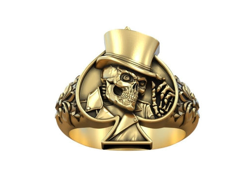 Dazzle Dime 925 Sterling Silver Base 18k Gold Plated Skull Playing Card Spades Hat Ring DAZZLE DIME®